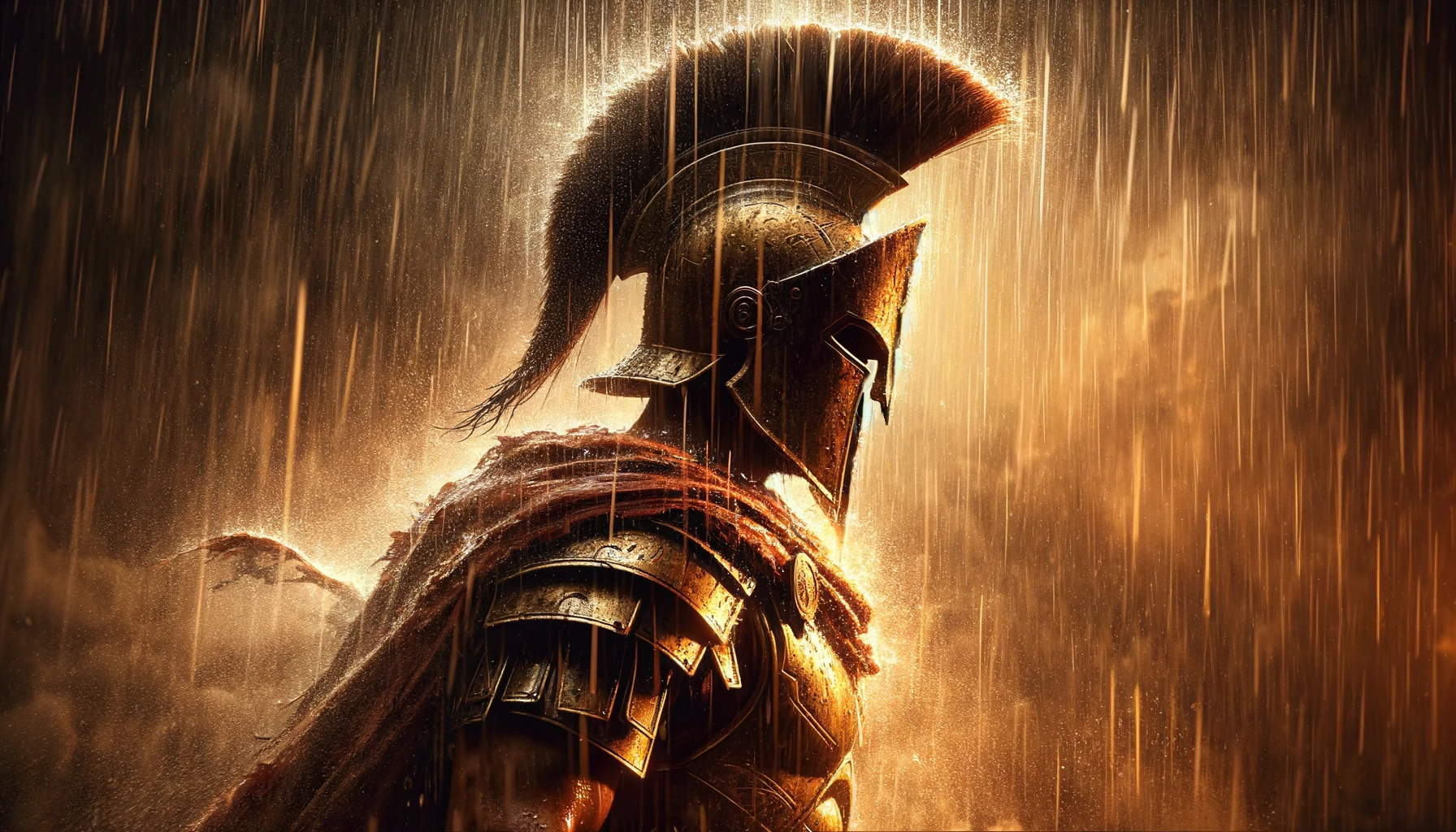 DALL·E 2023-12-07 13.26.06 - Recreate the provided image of a Spartan warrior in the rain in a 16 9 aspect ratio, focusing on the warrior's upper body. The image should have the s