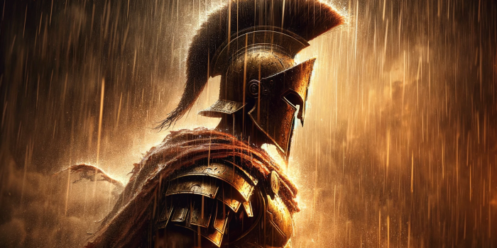 DALL·E 2023-12-07 13.26.06 - Recreate the provided image of a Spartan warrior in the rain in a 16 9 aspect ratio, focusing on the warrior's upper body. The image should have the s