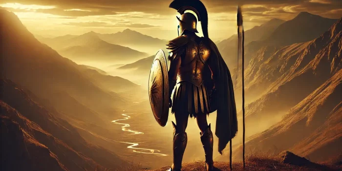 DALL·E 2024-10-11 21.35.49 - A Spartan warrior standing with his back to the camera, gazing out over a vast valley. He is wearing traditional Spartan armor, including a helmet, sh