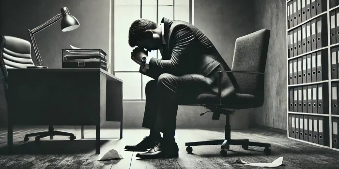 DALL·E 2024-10-11 21.38.00 - A fallen businessman, once a powerful leader, sitting in despair. He is seated in a dimly lit, gray-toned office, slumped over in his chair, with his